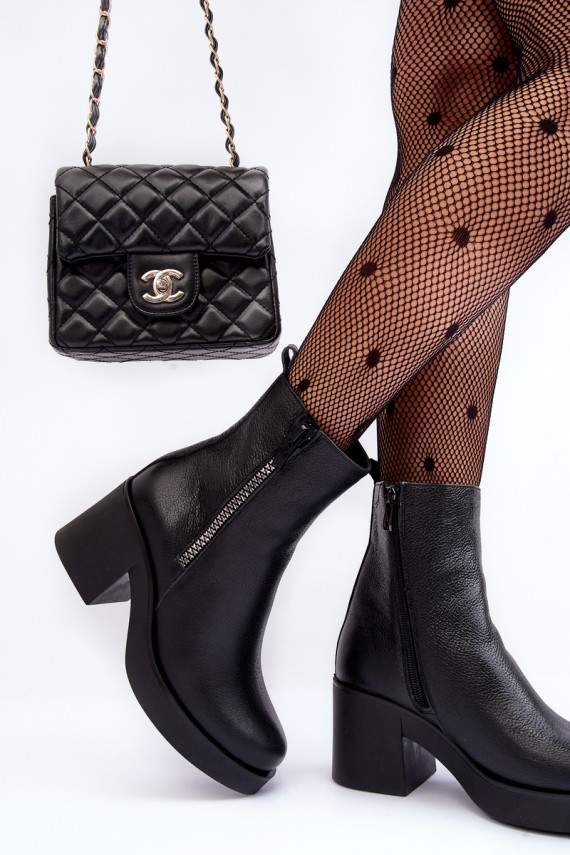 Leather Boots with Massive Heel and Zippers Black Littosa