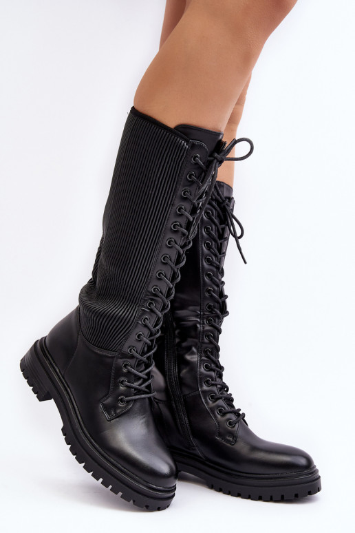 Black Lace-up Knee-high Combat Boots Idandrou