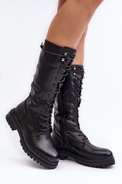 Women's mid-calf lace-up black combat boots Elavettsa