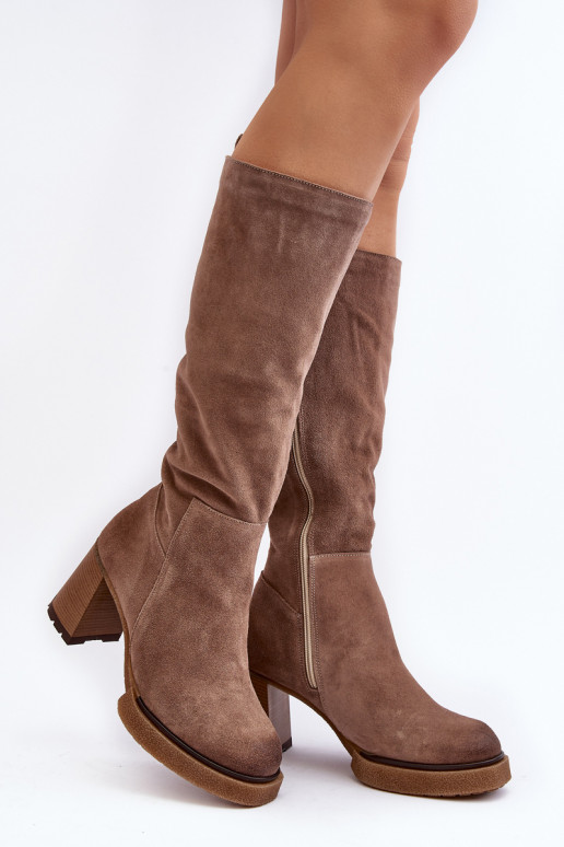 Women's suede boots with stiletto heel above the knee brown Lemar Ceraxa