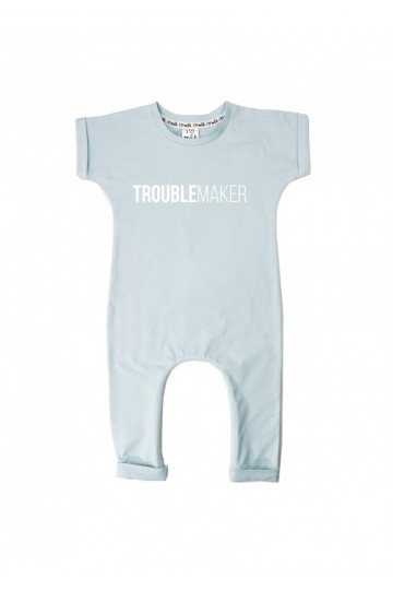 Light blue short sleeves romper &quot;troublemaker&quot;