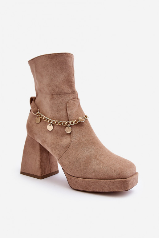 Women's Ankle Boots with Chunky Heel and Chain Beige Tiselo