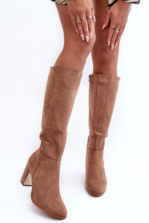 Women's Over-the-Knee Boots in Suede on Heel Dark Beige Kilrenita