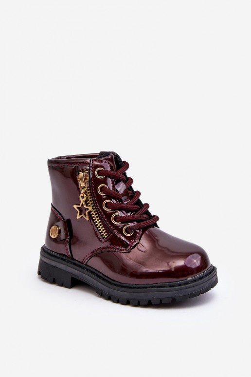 Burgundy Patent Leather Zip-Up Ankle Boots Felori