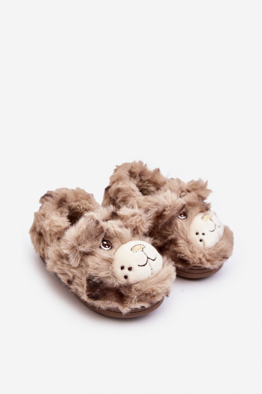 Children's furry slippers with bear dark beige Apolanie