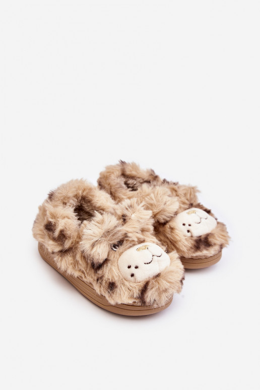 Beige Children's Fur Slippers with Bear Apolanie