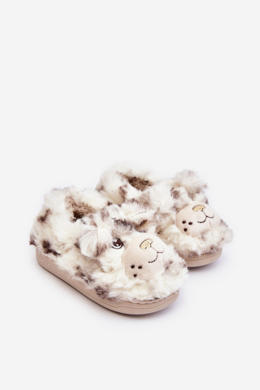 Children's fur slippers with bear light beige Apolanie