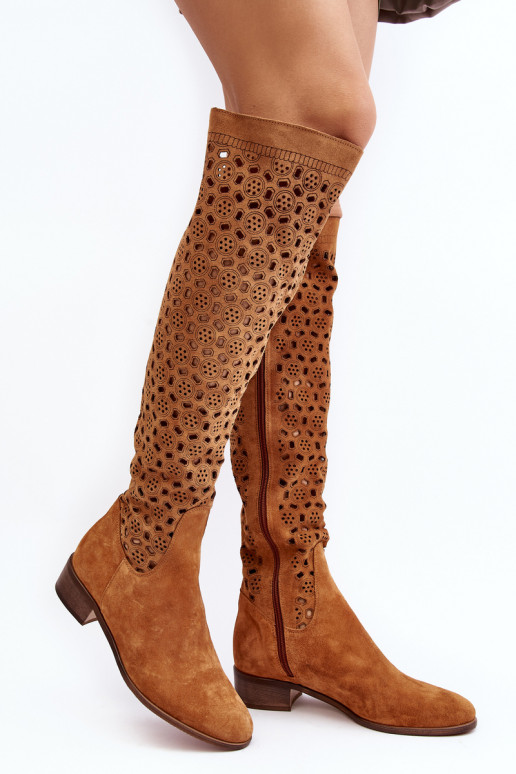 Suede Boots with Cutout Pattern Camel Pointe