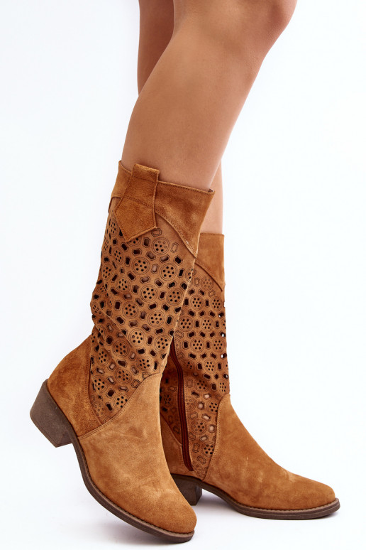 Women's Suede Cutout Boots with Low Heel in Camel Ndulu