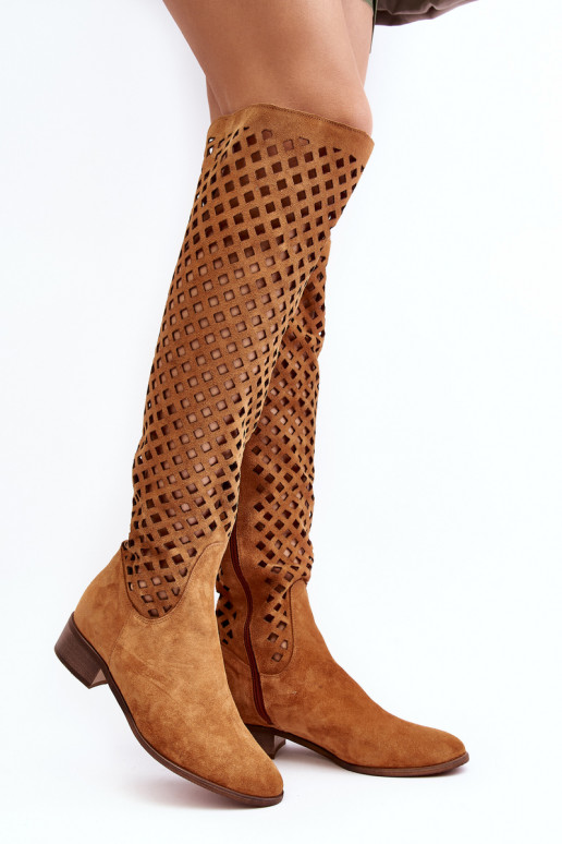 Suede Boots with Cut-Out Pattern Camel Arinna