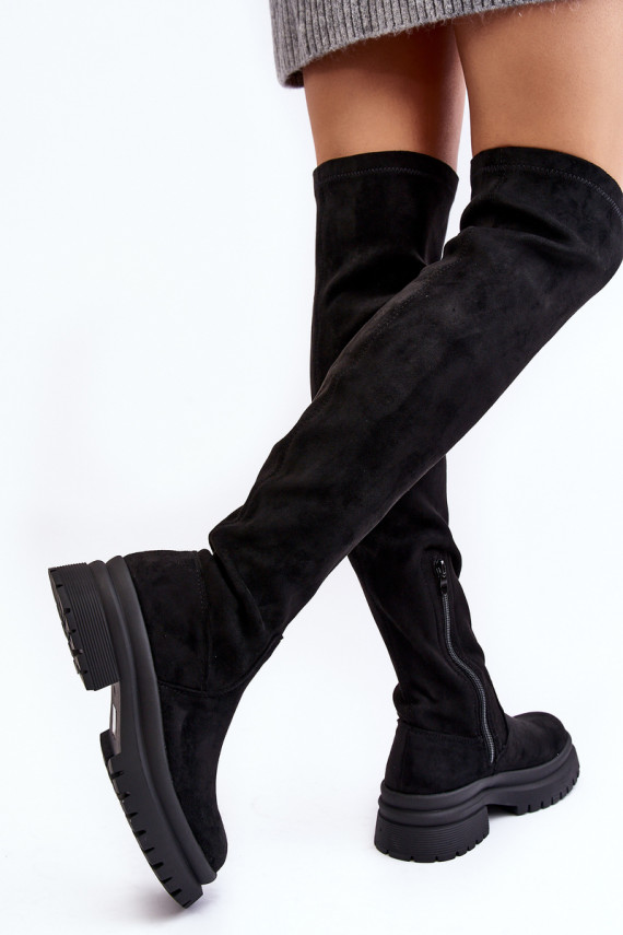 Women's Flat Heel Over-the-Knee Boots Black Silune