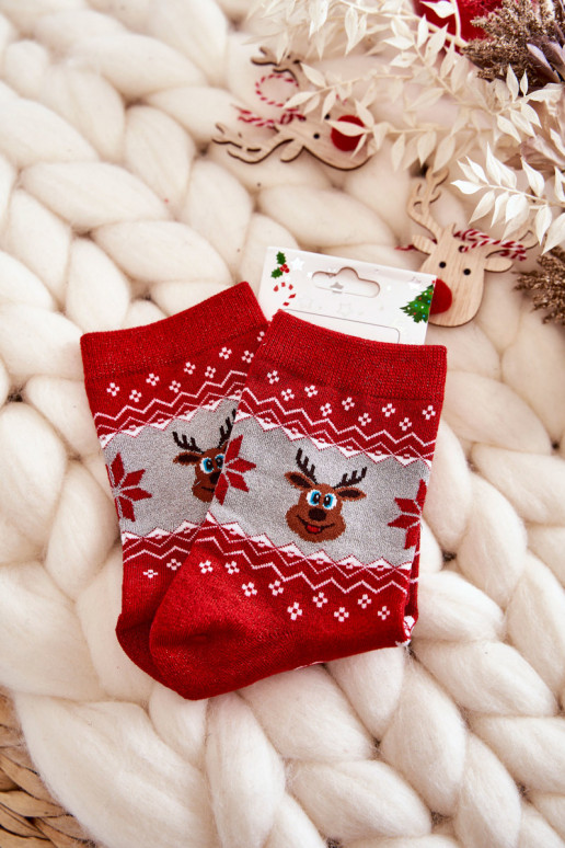 Women's Christmas Socks Shiny Reindeer Red and Gray