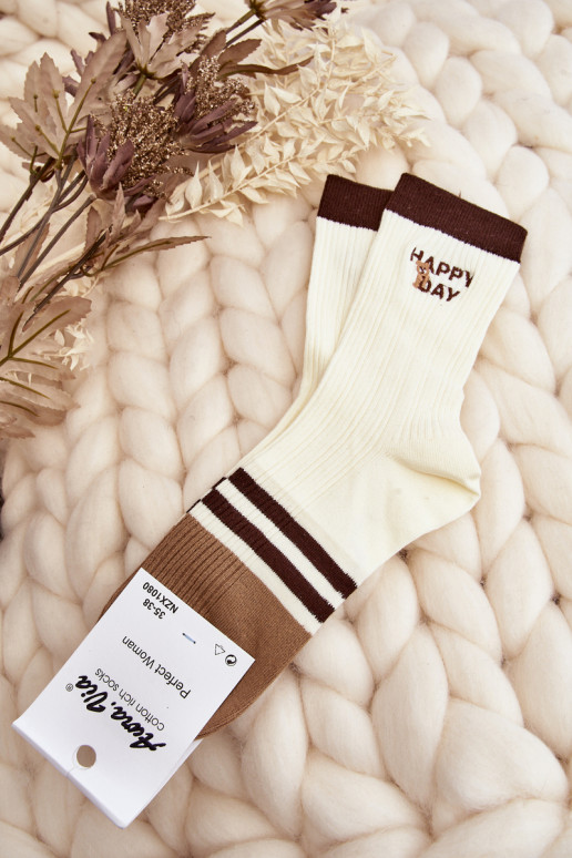 Women's Socks with Stripes and Teddy Bear Beige