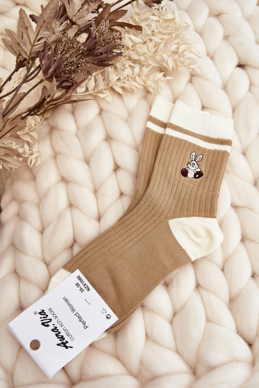 Women's Socks with Stripes and Bunny Beige