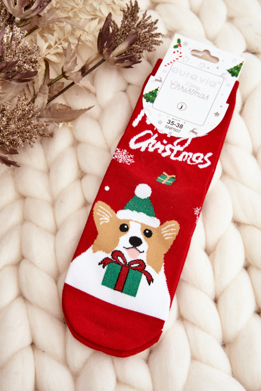 Women's Christmas Socks with Puppy Red