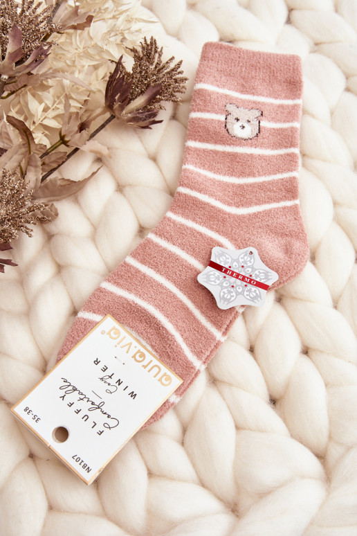 Women's Warm Striped Socks with Teddy Bear Pink