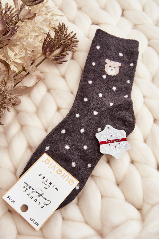 Women's Warm Polka Dot Socks with Dark Grey Teddy Bear