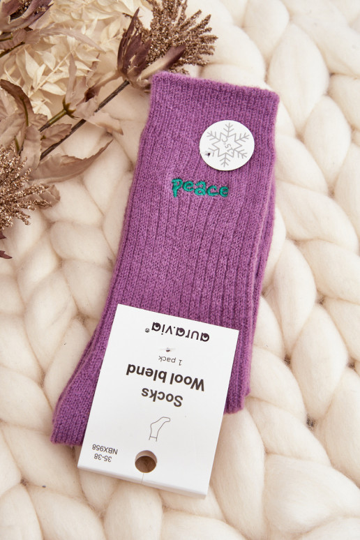 Women's Warm Socks With Purple Text