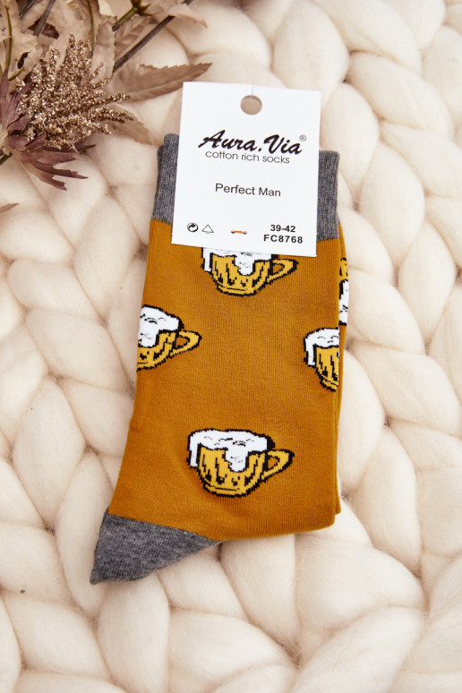 Men's Socks with Beer Pattern Yellow-Grey