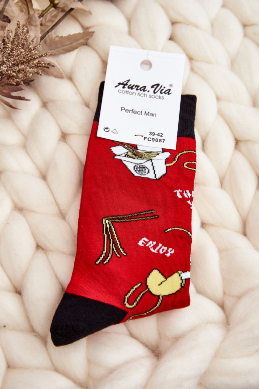 Men's Socks with Asian Noodle Patterns in Red