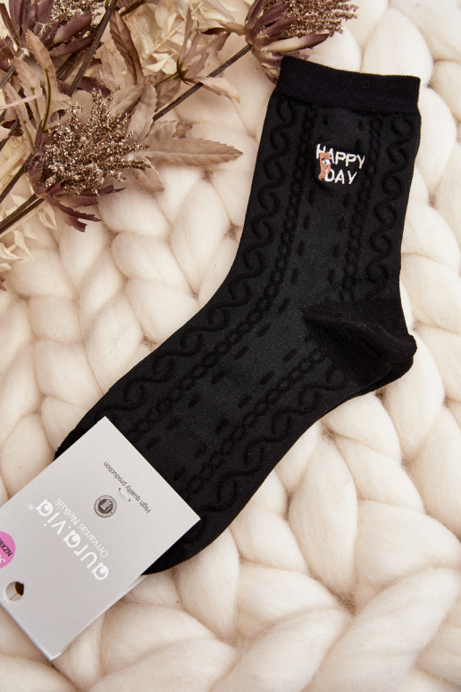 Women's Patterned Socks with Writing and Bear Black