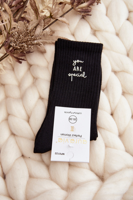 Women's Plain Socks With Black Text