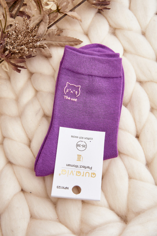 Women's Plain Socks with Cat Purple