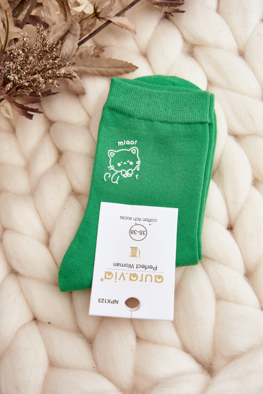Women's Plain Socks with Cat Green