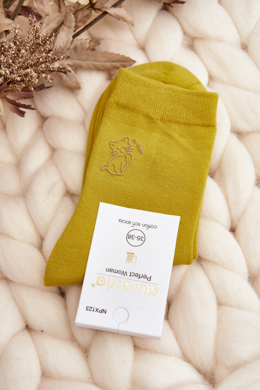 Women's Plain Socks with Cat Yellow