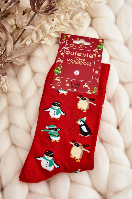Men's Christmas Cotton Socks with Penguins Red