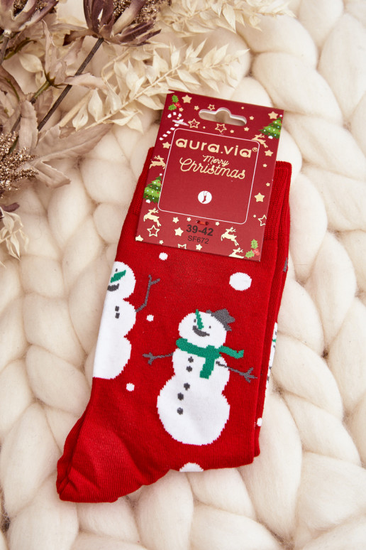 Men's Christmas Cotton Socks With Snowmen Red