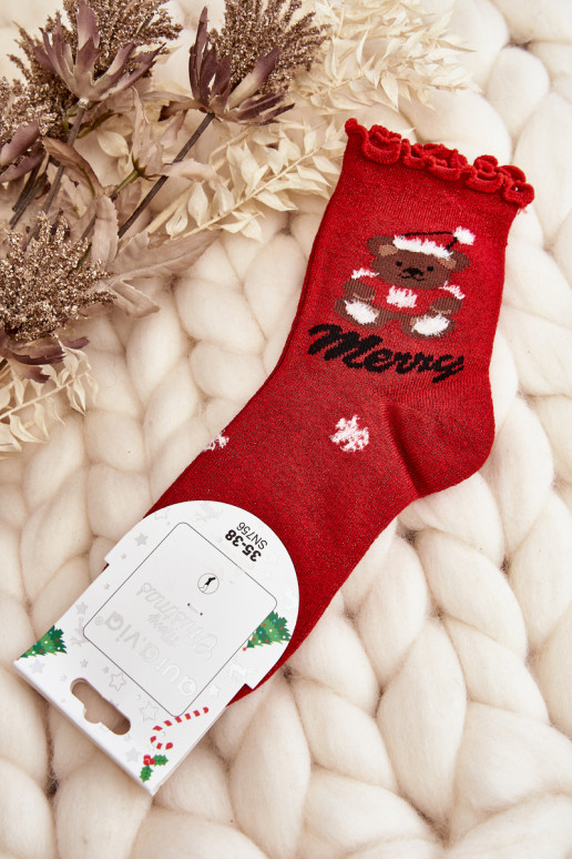 Women's Brocade Christmas Socks with Red Teddy Bear
