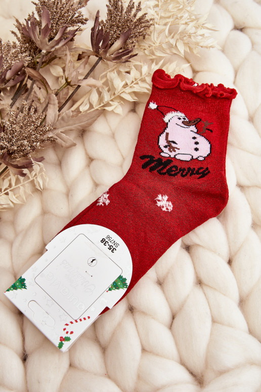 Women's Shiny Christmas Socks with Snowman Red