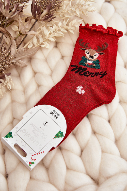 Women's Shiny Christmas Socks with Reindeer Red