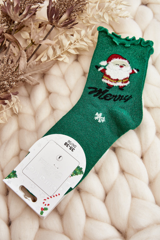 Women's Shiny Christmas Socks with Santa Claus Green