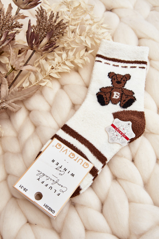 Youth Warm Socks with Bear White-Brown