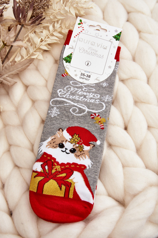 Women's Christmas Socks with Cat Grey