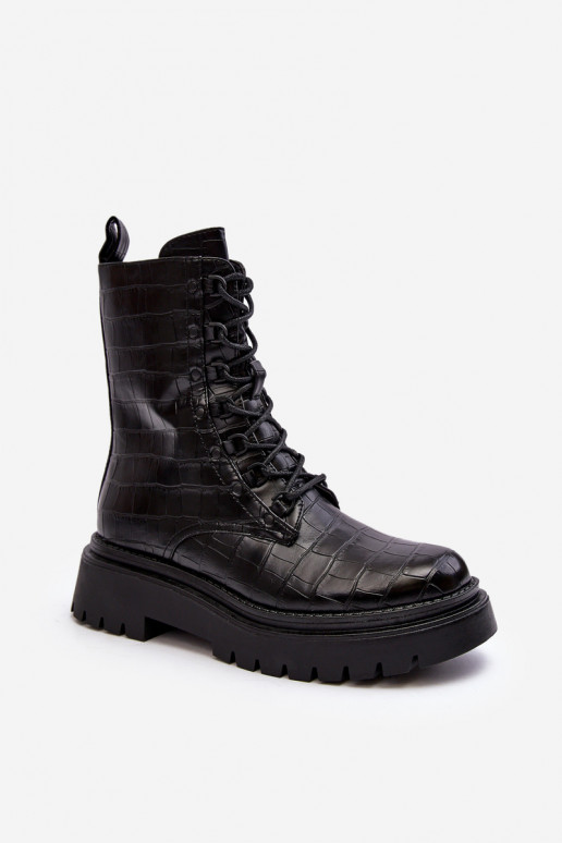 Women's Workery Boots with Decorative Embossing Black Tarolia