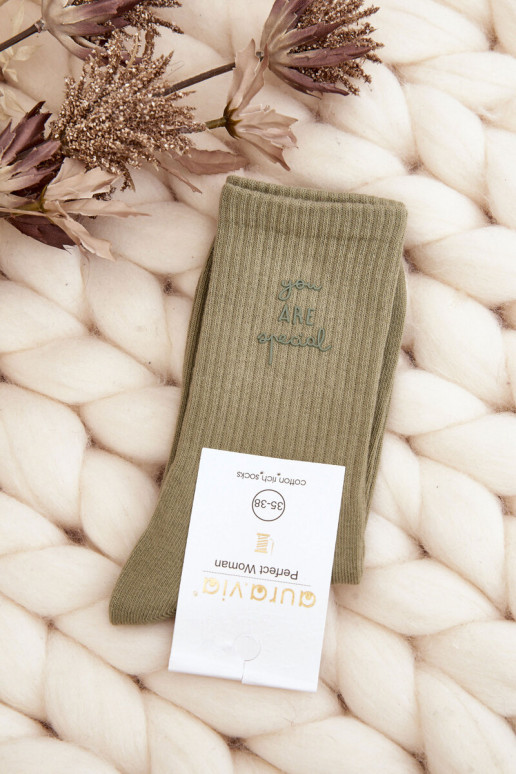 Socks with an inscription in green color