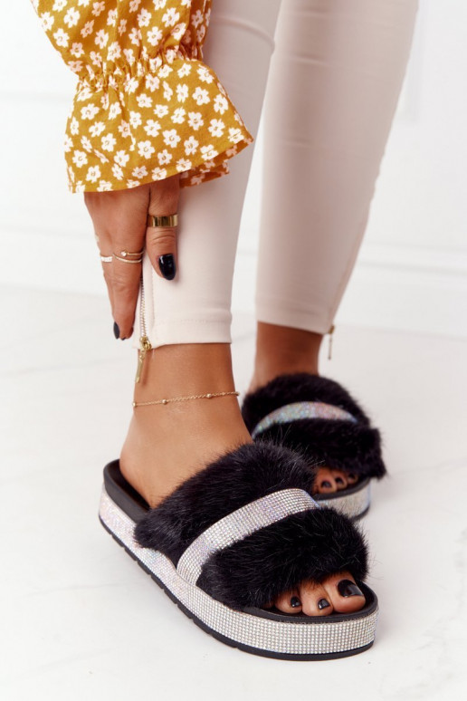 Platform Slippers With Fur And Cubic Zirconia Black Impress