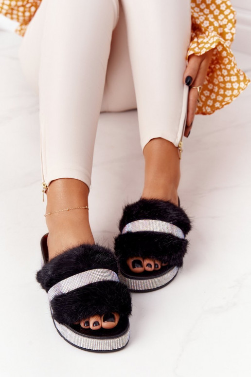 Platform Slippers With Fur And Cubic Zirconia Black Impress Platform Slippers With Fur And Cubic Zirconia Black Impress