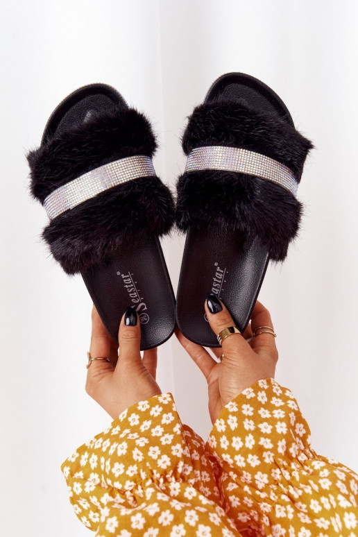 Platform Slippers With Fur And Cubic Zirconia Black Impress Platform Slippers With Fur And Cubic Zirconia Black Impress
