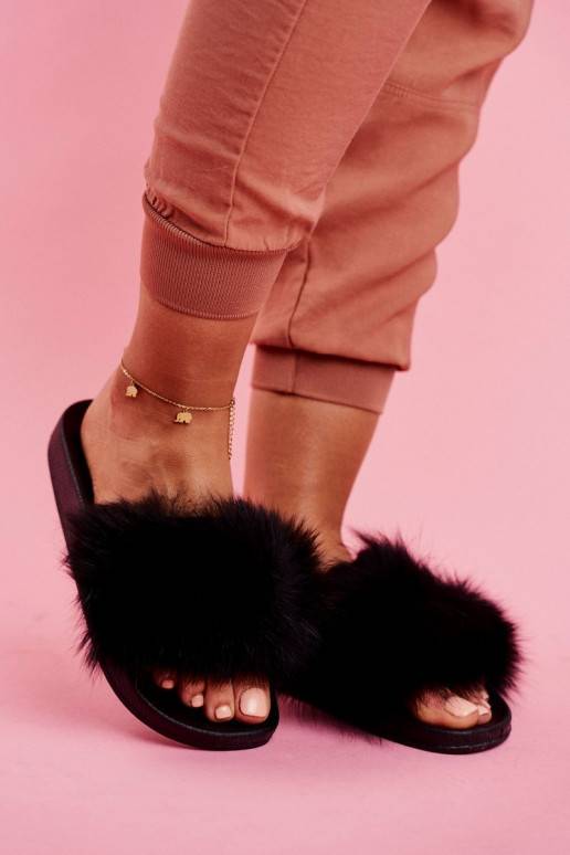 Women's Slippers With Fur Black Belmondo