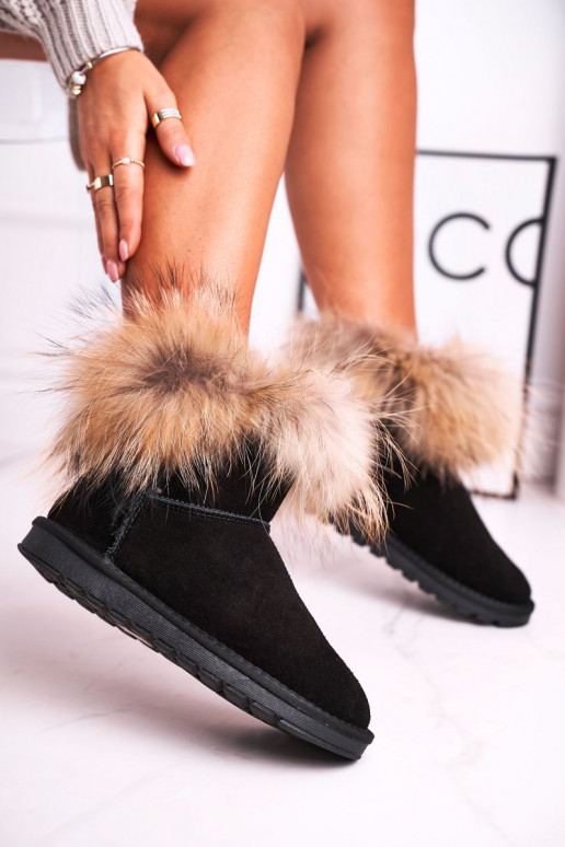 Women's Leather Snow Boots With Eko Fur Black Alexa