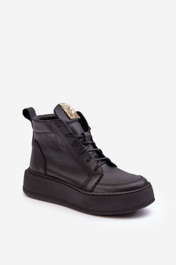 Women's Laced Boots with Leather Decoration Black Nicole 2