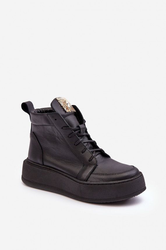Women's Laced Boots with Leather Decoration Black Nicole