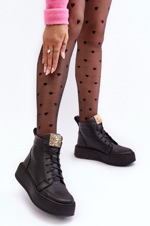 Women's Laced Boots with Leather Decoration Black Nicole