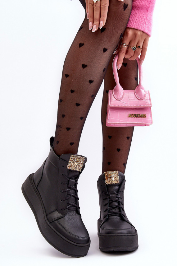 Women's Laced Boots with Leather Decoration Black Nicole 2833