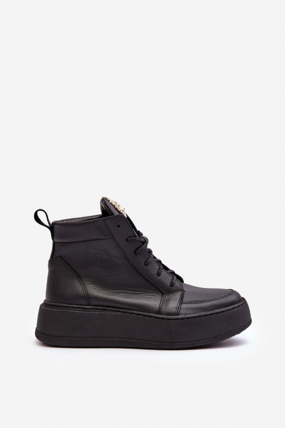 Women's Laced Boots with Leather Decoration Black Nicole