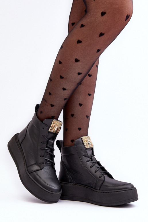 Women's Laced Boots with Leather Decoration Black Nicole 2833 Women's Laced Boots with Leather Decoration Black Nicole 2833